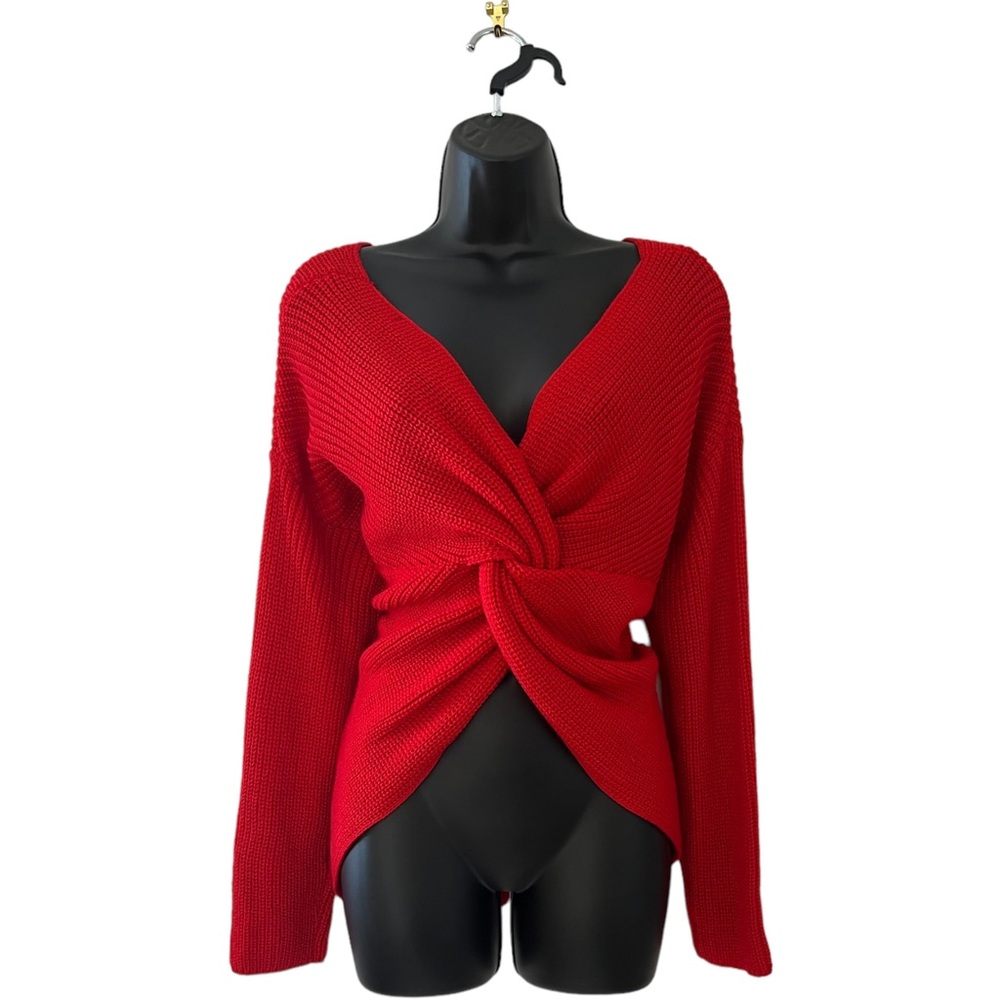 NBW-Fashion Nova - Red reversible V Neck long sleeve sweater front twist - M